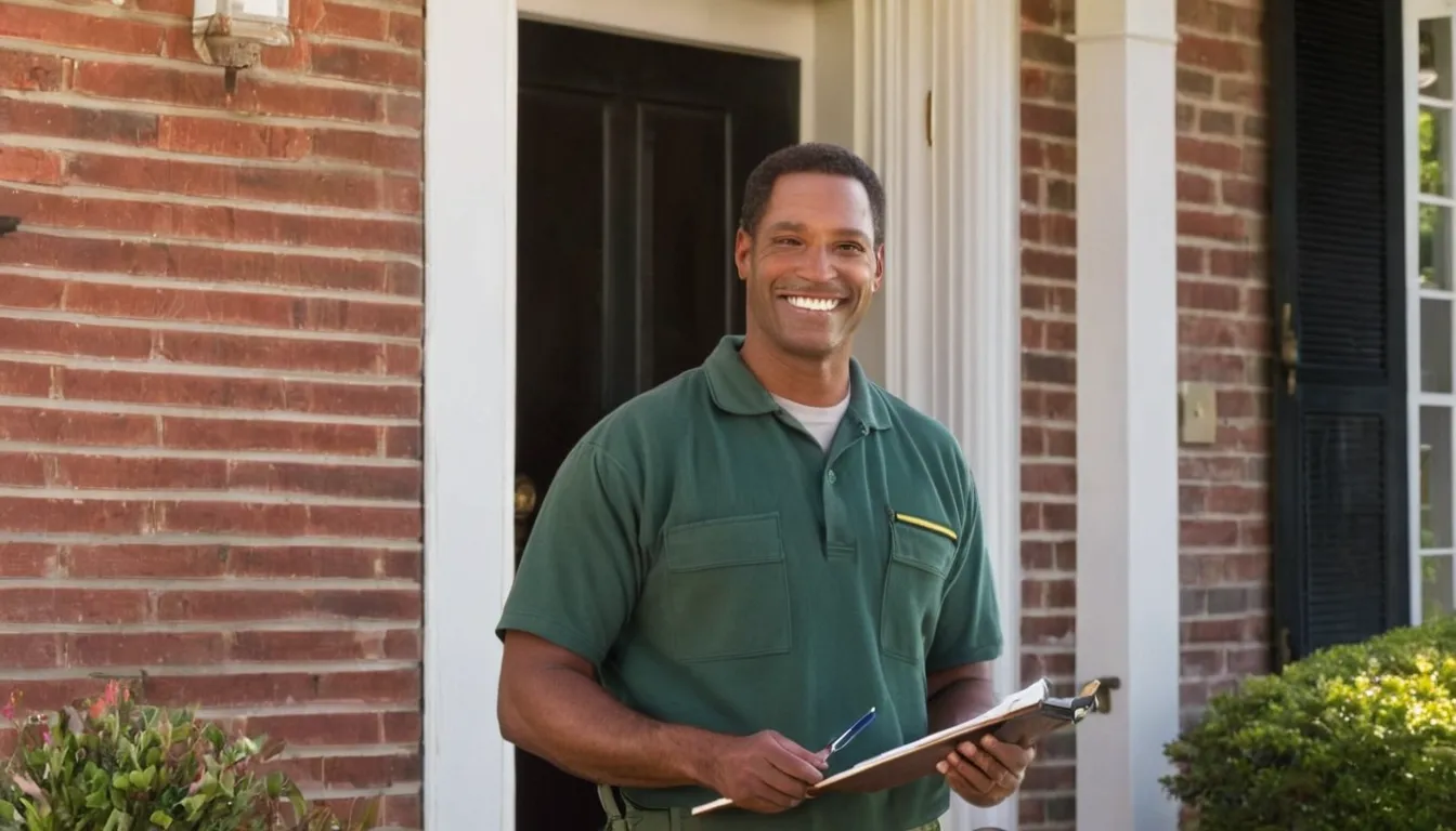 A friendly pest control provider talking with a homeowner at the front door of a Fairfax colonial home