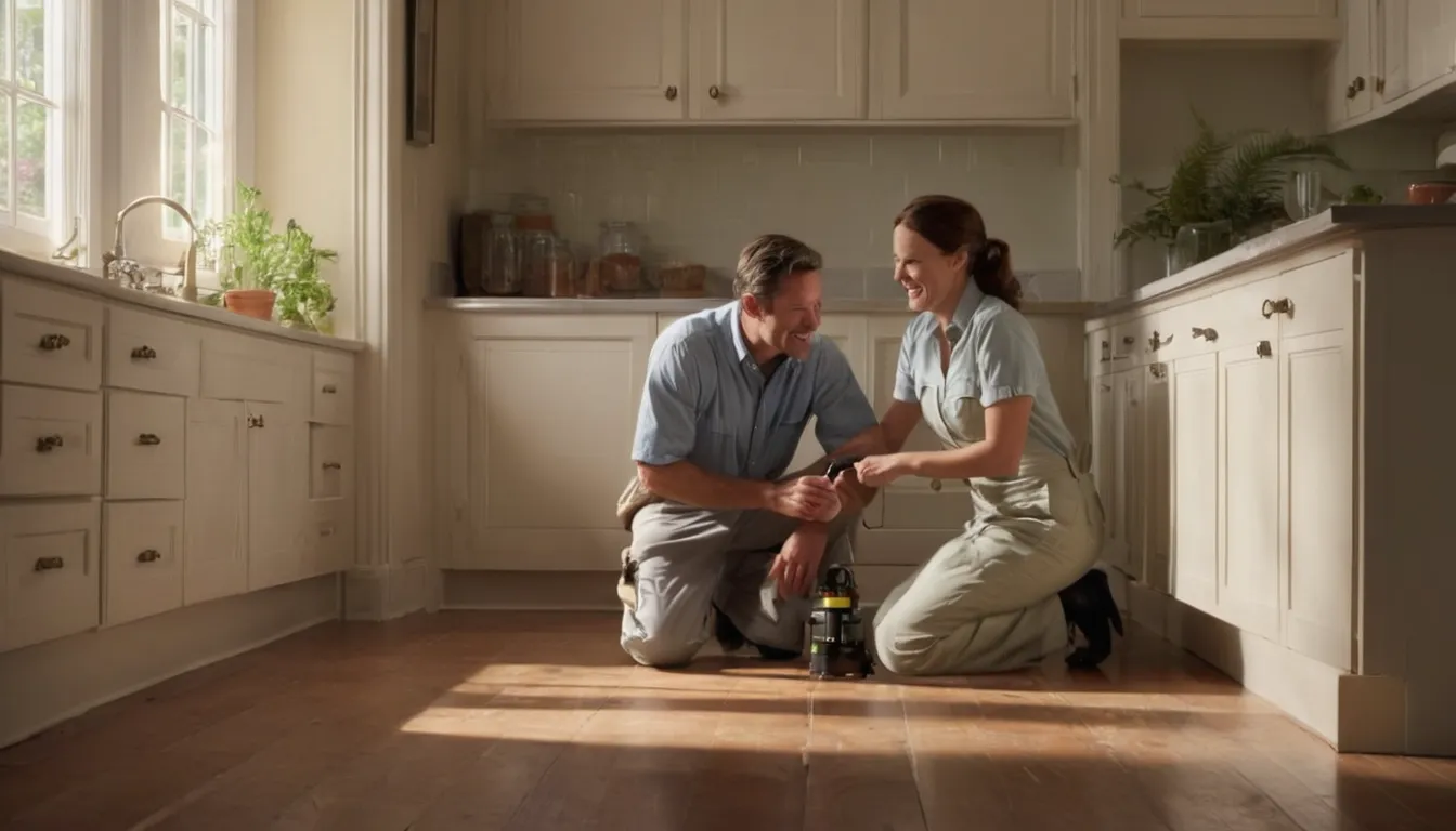 A friendly pest control provider inspecting a kitchen baseboard with a homeowner in a Fairfax home
